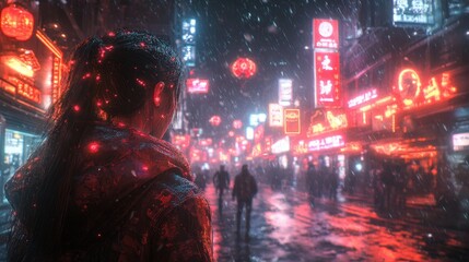 Woman Walking Through Neon City Street in the Rain