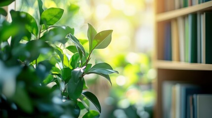 Obraz premium Blur background of book shelf in library space filled with books and green plants, enhancing a serene reading environment. with generative ai