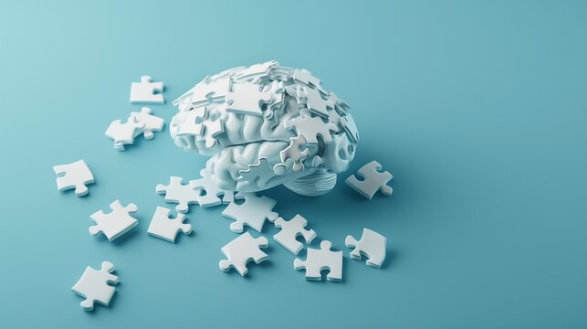 Brain partially disassembled into puzzle pieces on blue background symbolizing challenges of cognitive decline and mental illness