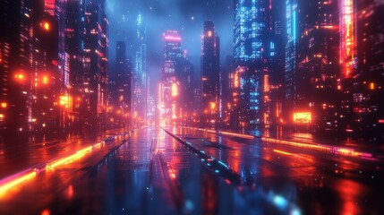 Obraz premium Cyberpunk Cityscape with Neon Lights and Wet Streets