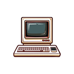 An illustration of a vintage Amiga computer, with a white case, black screen, and brown keyboard.