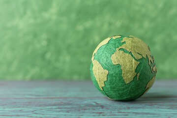 Handmade paper mache globe on green textured background, symbolizing environmental awareness and sustainability. Earth, eco-friendly craft.
