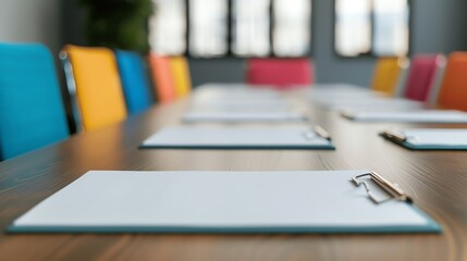 Meeting room with colorful chairs and notepads on a wooden table, ready for a business meeting or conference.