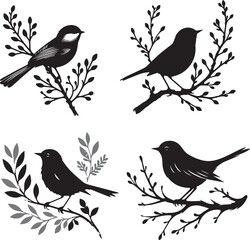 Set of Bird silhouette vector illustration with branch. Bird silhouette vector with branch. Black and White birds set.eps