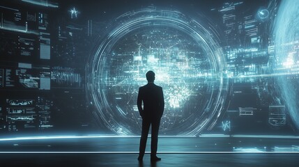A leader stands before a digital interface, showcasing vibrant data and AI, exemplifying digital transformation.