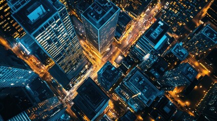 Aerial View of a City at Night with Illuminated Skyscrapers and Streets