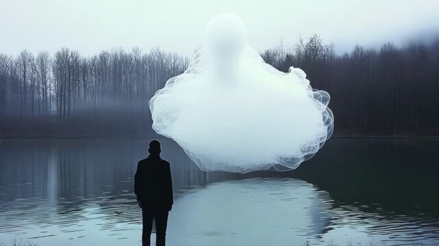 Silhouette stands in surreal digital maze. Ethereal glass-like structures form intricate patterns. Soft focus enhances dreamlike atmosphere, evoking solitude and introspection.	