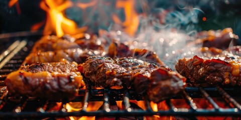 Close up of meat grilling on a barbecue with flames below