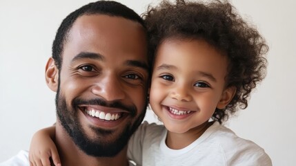 a father and son, who are smiling happily