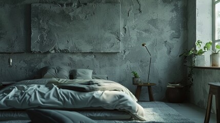 A minimalist bedroom with a monochromatic color scheme featuring rough textured plaster walls in a light grey color for added texture.