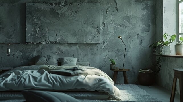 A minimalist bedroom with a monochromatic color scheme featuring rough textured plaster walls in a light grey color for added texture.