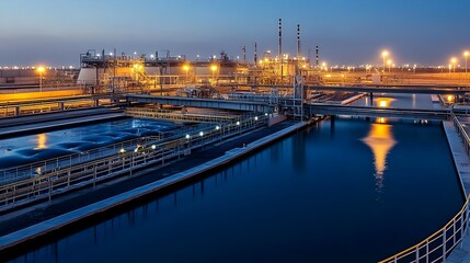 Fototapeta premium Illuminated Desalination Plant Operating at Night Powering Sustainable Water Supply