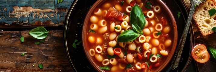 Fototapeta premium Italian bean broth with pasta, featuring flavorful Borlotti beans and a hearty soup.