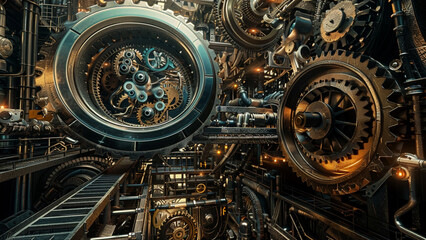 Abstract Industrial Factory with Dense Network of Metal Gears and Intricate Mechanical Parts