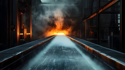 Fototapeta premium Metal Slabs Transported on Conveyor Belt through Cooling Process with Steam Rising