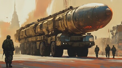 Military Convoy Transporting Massive Missile System with Soldiers Ensuring Security