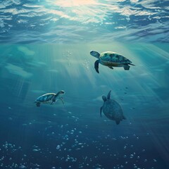 Three sea turtles swim in a sunlit ocean with a school of fish.