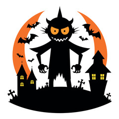 Halloween Vector Silhouette With Haunted House, pumpkin, and Bats Isolated on a white background