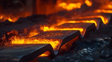 Fototapeta premium Molten Steel Flowing Through Foundry Channels with Intense Heat and Glowing Metal