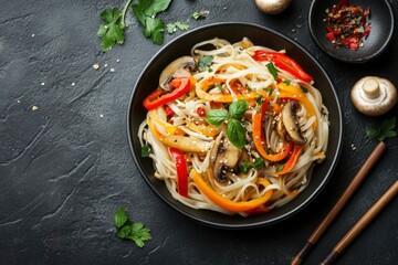 Delicious Asian cuisine dish with rice noodles, peppers, mushrooms and spices on a dark concrete background with generative ai