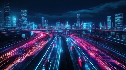 Fototapeta premium Futuristic Cityscape with Neon Lights and Highway Traffic