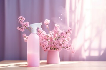 Fototapeta premium Blank plastic spray detergent bottle with flowers on pink background. Spraying floral air freshener. Spring cleaning concept. Packaging template, mockup for design
