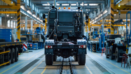 Half-Ready Heavy Truck at Production Line End with Detailed Assembly Parts and Organized Factory Environment