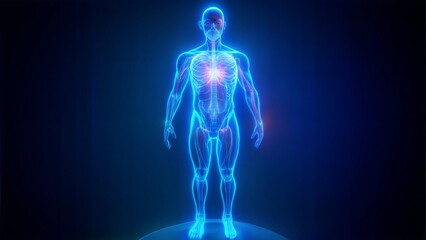 Neon 3D image of full-length hologram of a human body on a blue background highlighting the brain and heart
