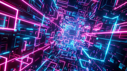 Obraz premium Futuristic Neon Abstract Background with Glowing Pink and Blue Geometric Shapes in a Digital Tunnel