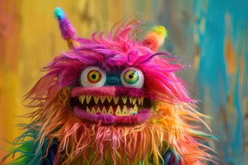 Fototapeta premium A fun and colorful rainbow furry monster puppet with large eyes and sharp teeth, perfect for children’s entertainment and puppet shows.