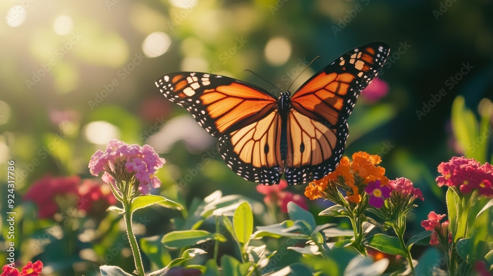 Poster monarch butterfly in flight over colorful flowers