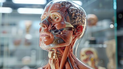 A hyper-realistic model of human facial anatomy highlighting the muscular and nervous systems. This model provides an in-depth view for medical professionals and students.