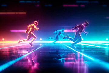 Futuristic Neon Runners Competing in a Digital Race with Vibrant Lights and Reflections