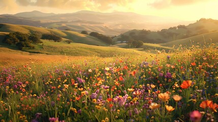 Wildflower meadow in full bloom, vibrant colors, rolling hills in the background, warm and serene atmosphere
