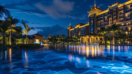 Obraz na płótnie Canvas Ocean view luxury resort hotel night pool