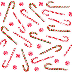 Cute watercolor seamless pattern with hand drawn christmas candy canes and sweets in green, red and white colors