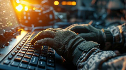 A close-up of a hacker is hands in military gloves typing on a keyboard, with a tactical helmet and military radio in the background, lit by natural daylight coming from the side