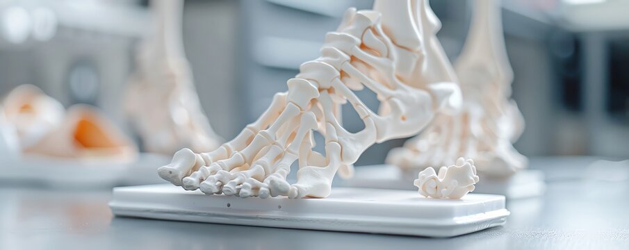 Close-up of a human foot skeleton model displayed on a countertop, ideal for medical and educational purposes. - Powered by Adobe