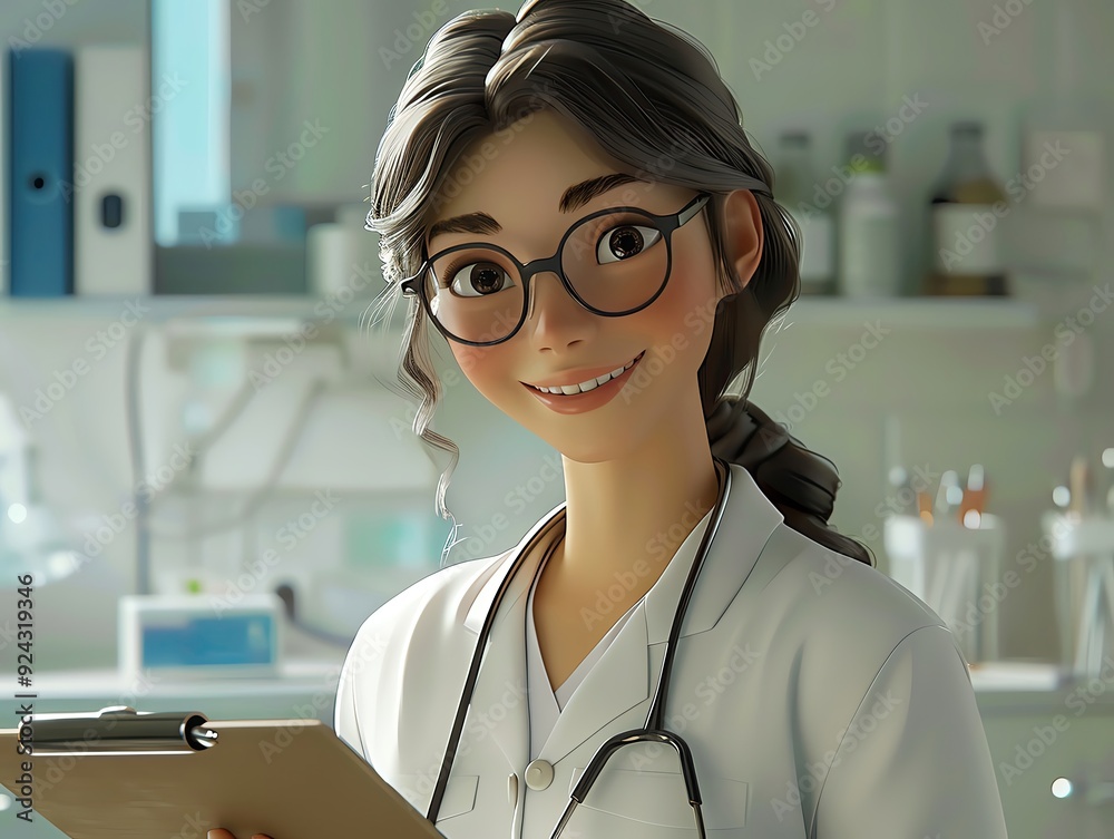 Wall mural photorealistic shot of a woman doctor with glasses, holding a clipboard, friendly and approachable d