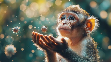 Baby monkey with floating virus particles representing monkeypox mpox infection and spread