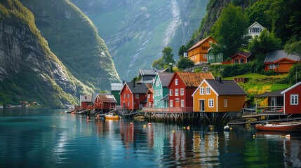 Fototapeta premium Norwegian fjord valley, colorful wooden houses, towering cliffs, serene waters, traditional fishing boats, crisp morning air