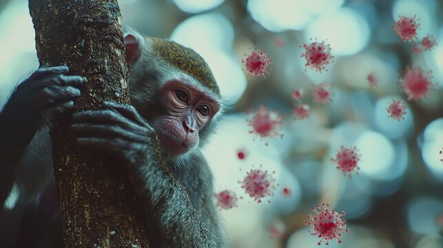 Worried monkey gripping a tree branch with floating virus particles concept of monkeypox infection and virus spread