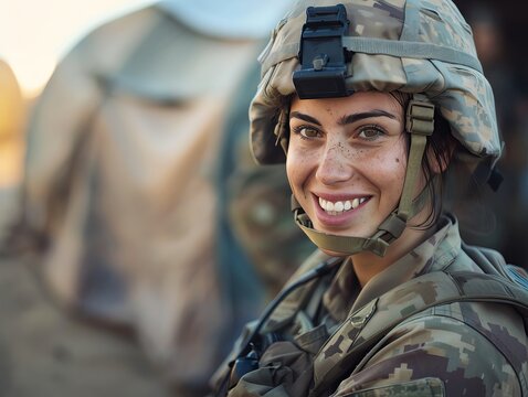High definition photo of a female army doctor, confident smile, wearing a helmet and camo, medic tent in the background