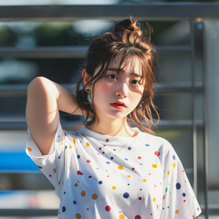 ドット柄の服を着たお洒落な若い日本人女性