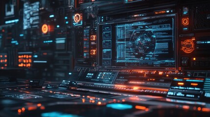 Obraz premium Futuristic Sci-Fi Control Room with Digital Displays