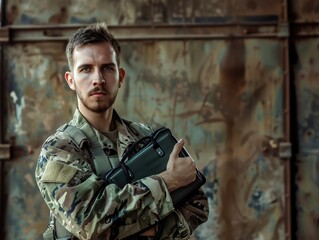Obraz premium HD portrait of a male army doctor in camouflage, holding a medical kit, confident and focused, field hospital backdrop