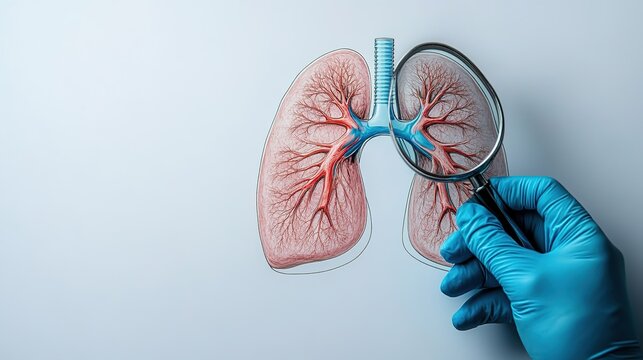 Medical Concept: Magnifying Glass Focusing on Lungs Organ Icon for Diagnosis and Treatment of Pulmonary Conditions, Including Tuberculosis and Lung Cancer