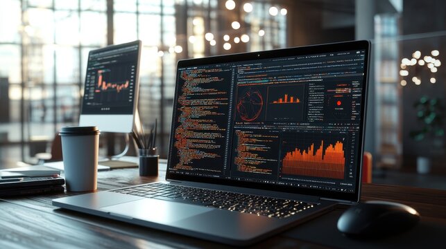 A high-definition shot of a laptop showing a dynamic coding interface with a dark theme. The surrounding environment includes a stylish, contemporary desk setup with coding books, a coffee cup, and a