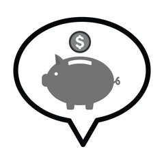 Speech bubble , piggy bank and dollar sign coin icon in grey scale isolated on white background.