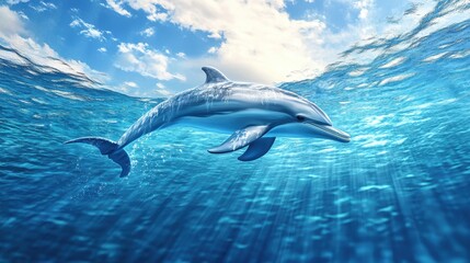 Fototapeta premium Dolphin Swimming Underwater with Sunlight Shining Through the Water